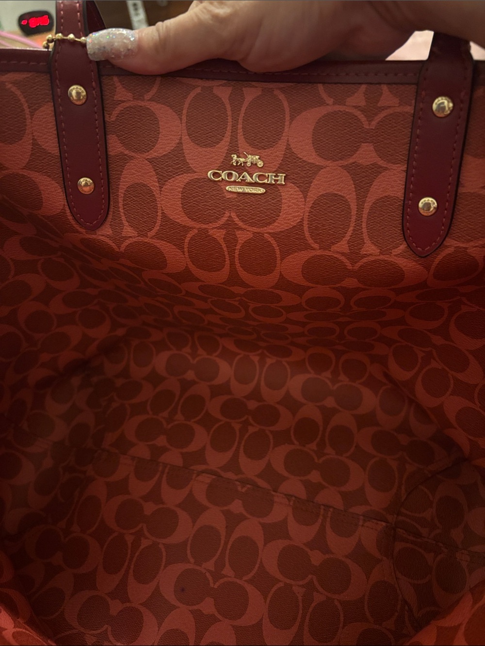 Coach Brown Signature Tote with Red Trim and Matching Red Pouches - Picture 3 of 10